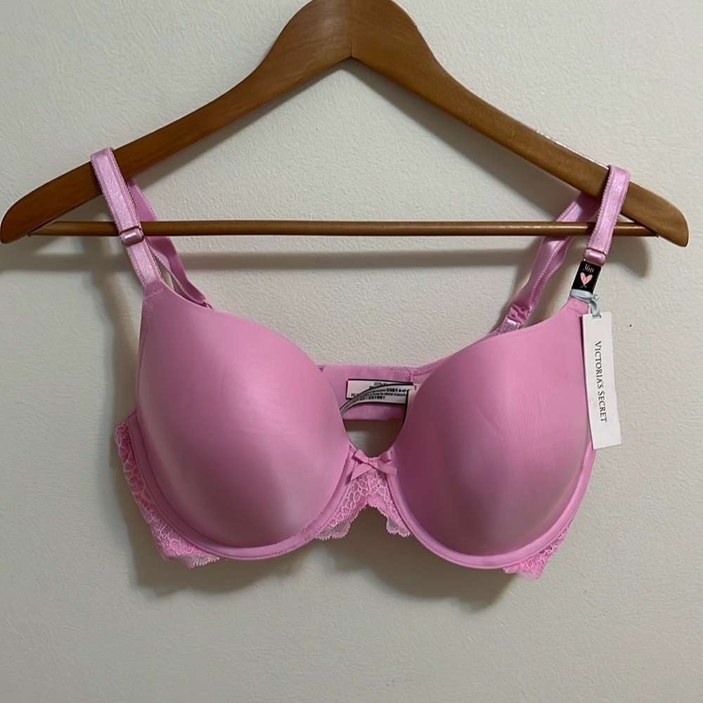 Victoria’s Secret underwire bra size 36D solid pink lace center bow feminine NWT